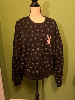 PLAYBOY Black Top with Silver Bunny Print